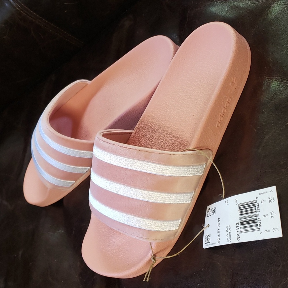 Adidas 9 velvet blush pink & white embroidery slides cute for home or po…